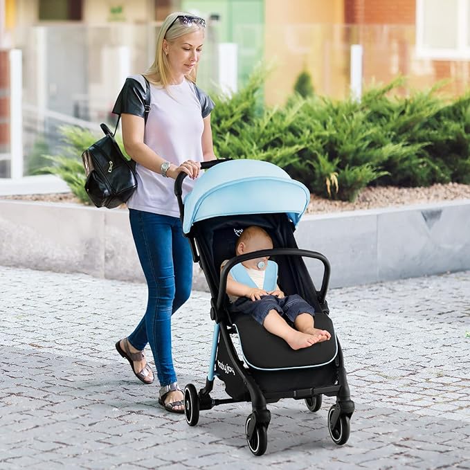 BABY JOY Lightweight Baby Stroller, Compact Travel Stroller for Airplane, Infant Toddler Stroller w/Adjustable Backrest & Canopy, Storage Basket, Self Standing Gravity Fold, Aluminium Frame (Blue)