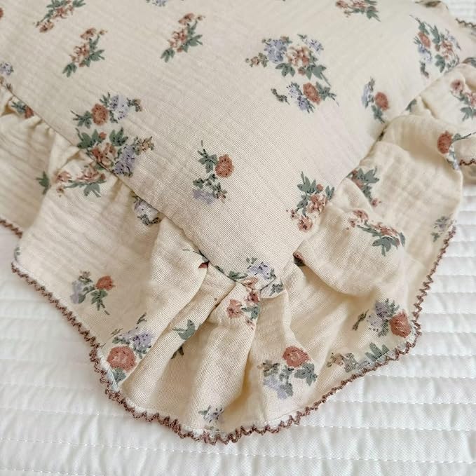 BuLuTu 2 Layers Muslin Toddler Pillowcases Fits for Crib Cot Cradle, Cotton Floral Pillow Cases for 1 2 3 4 5 6 Years Old Girls Boys, Envelope Travel Toddler Pillow Cover Protector with Ruffles