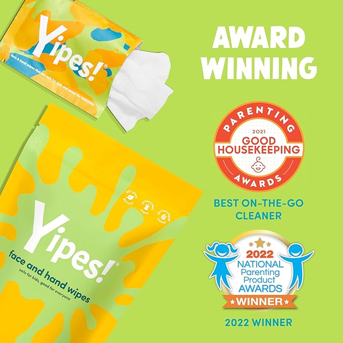 Yipes! Kids Face and Hand Wipes | Compostable Wet Wipes for Sensitive Skin | Individually Wrapped | Classroom Must Haves | Travel Essentials | For Backpacks, Lunchboxes, Classroom Supplies | 2 pack