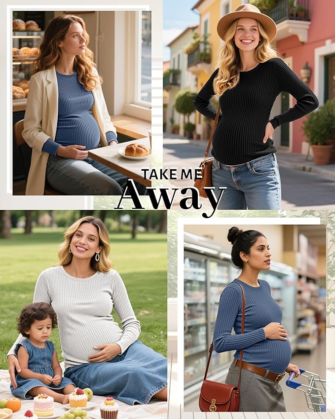 Riyiper 3 Pack Women's Maternity Shirts Long Sleeve Ribbed Knit Pregnancy Tees Cotton Crewneck Tunic Clothes Casual Fall Tops