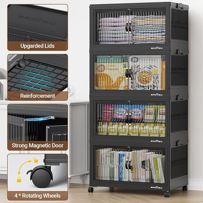 BROVIEW 400Qt Stackable Storage Bins with Lid, Extra Large Closet Organizer Collapsible Drawer Boxes with Wheels, Folding Plastic Cabinet Containers for Home Kitchen Room Organization, 4Pack Black