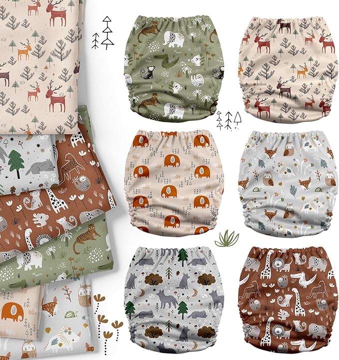 Mama Koala 3.0 Cloth Diapers for Babies with AWJ Lining, 6 Pack with 6 Natural Cloth Diaper Inserts - Reusable and Washable Pocket Diapers (Animals in The Forest)