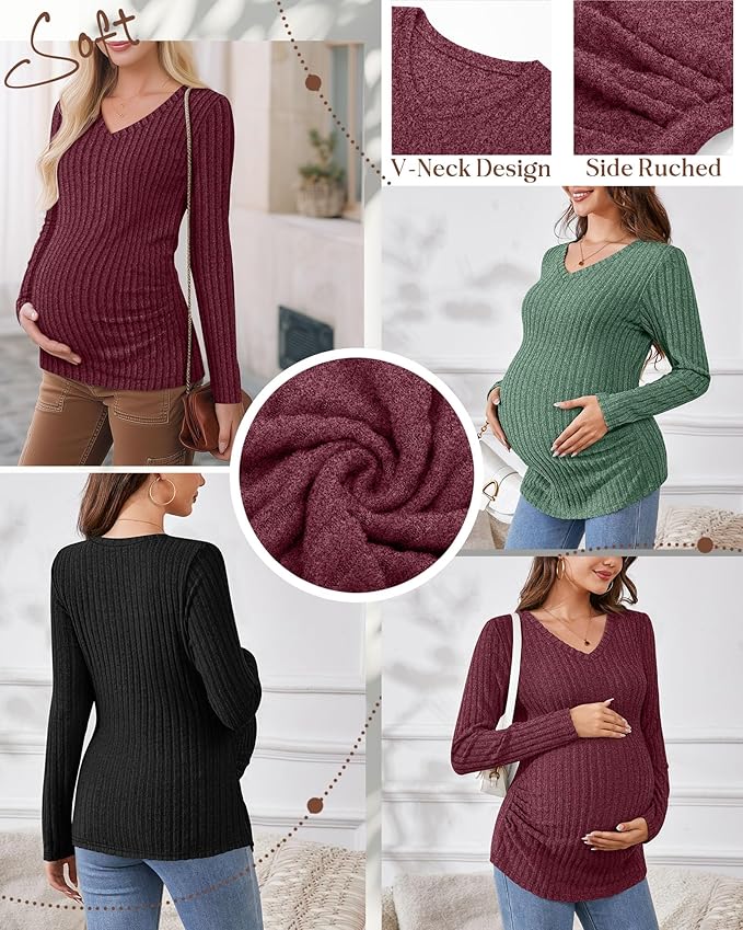 Ficerd 3 Pack Women's Maternity Shirts Ribbed Long Sleeve Pregnancy Tops V Neck Knit Side Ruched Pregnant Clothes Sweater