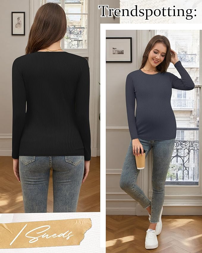 Riyiper 3 Pack Women's Maternity Shirts Long Sleeve Ribbed Knit Pregnancy Tees Cotton Crewneck Tunic Clothes Casual Fall Tops
