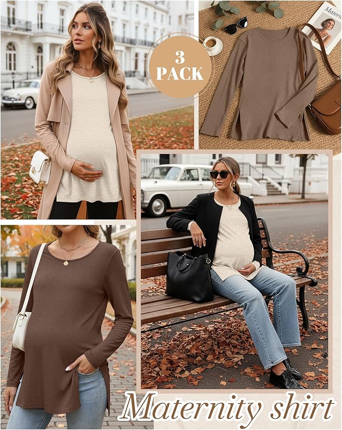 Riyiper 3 Pack Women's Maternity Long Sleeve T-Shirts Round Neck Side Split Tops Loose Casual Pregnancy Mama Clothes Fall