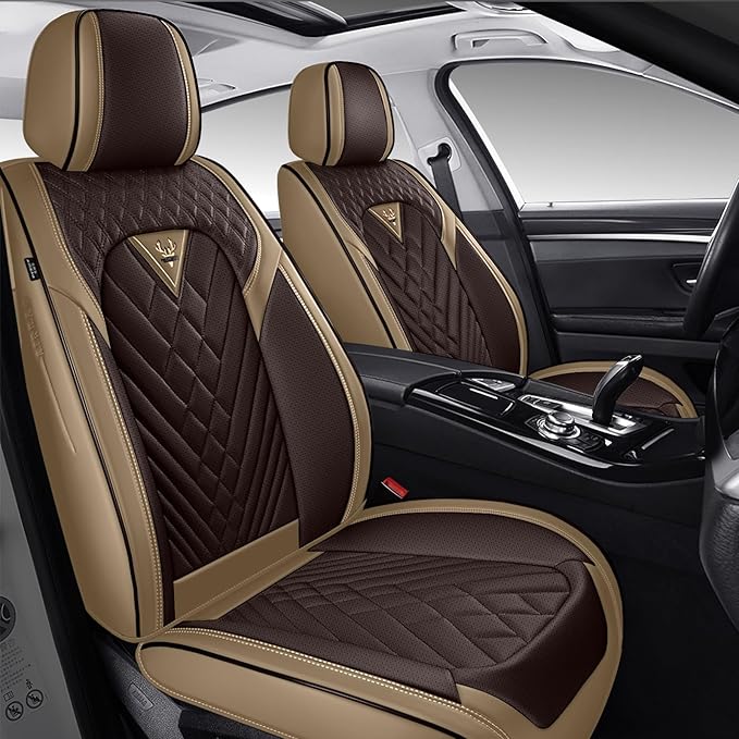 Car Seat Cover Full Set, Seat Cover for Cars, Car Seat Cover Car Seat Protector Waterproof Leather Car Seat Cushion Full Coverage Seat Cover Front Seat Fit for Most Cars(2 Seat,Brown&Beige)