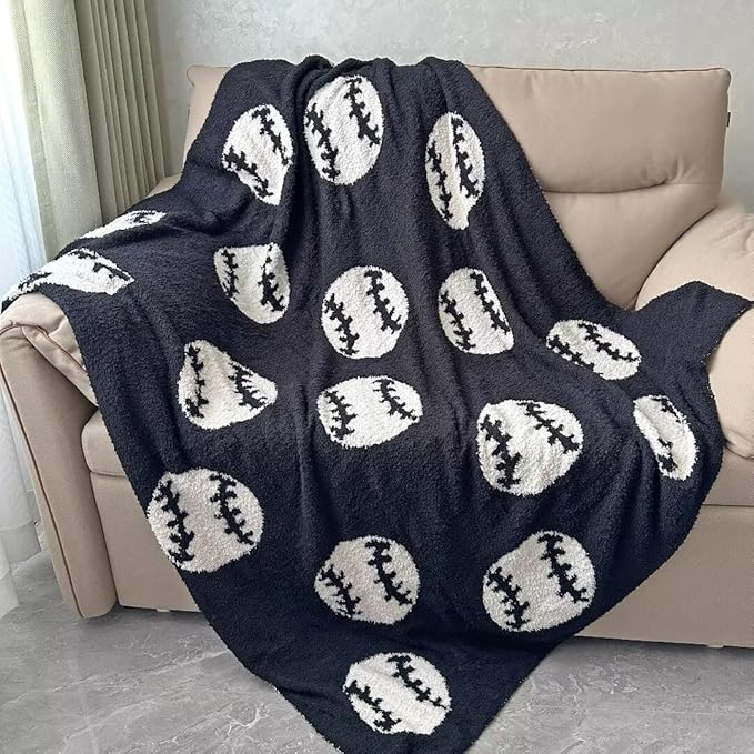 Cozy Baseball Pattern Blanket Perfect Reversible Lightweight Bedding for Adults, Soft, Warm, and Plush Ball Sports Blanket Great for Bed Sofa, Black, 50"x60"