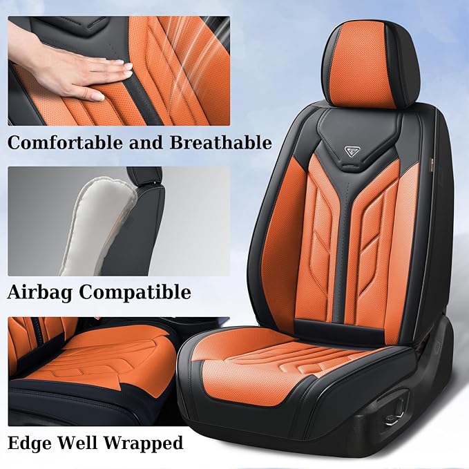 Coverado Seat Covers, Car Seat Covers Front Seats, Leather Seat Covers for Cars, Waterproof Automotive Seat Covers Car Seat Protector Car Seat Cushion Universal Fit for Most Cars Trucks(Black&Orange)