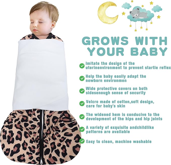 Newborn Sleep Sack Baby Swaddle,3-Way Adjustable Wearable Blanket,100% Rayon Cotton Swaddling Sleeping Bag，TOG 0.5 (Leopard & Cobble, 3-6 Months)