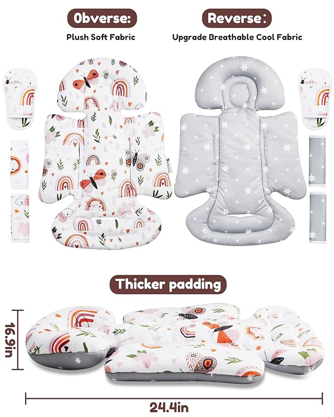 Infant Insert, Enlarged Head Support for Baby, Reversible Newborn Insert with 3 Strap Covers, 2-in-1 Baby Cushion for Stroller, Swing, Bouncer, Rocker - Brown Rainbow