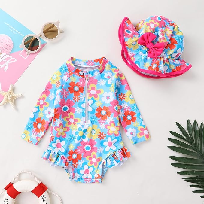 Infant Baby Girl Swimsuit One-Piece Long Sleeve Rash Guard with Hat Set Floral Zipper Bathing Suit Leopard Beach Wear