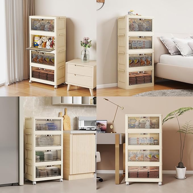 4 Tier - 34QT Storage Bins with Lids, Collapsible Storage Bins with Doors and Wheels, Plastic Storage Cabinet for Easy Storage and Organization for Living Room, Office