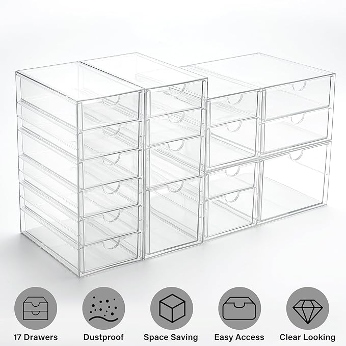 Prsildan Acrylic Drawer Organizer with 17 Drawers, Craft Office Desk Makeup Organizers Accessories, Set of 4 Clear Stackable Storage Drawers for Vanity, Countertop, Jewelry, Art Supply Organization