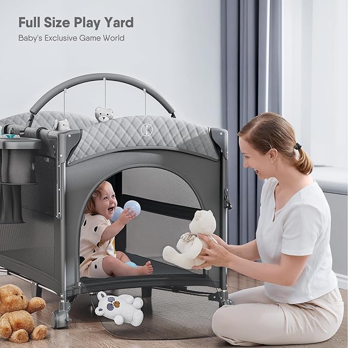 4 in 1 Baby Bassinet, Pack and Play, Bedside Crib Sleeper, Diaper Changer - Comes with Mattress, Mosquito Net, Bottom Storage and Toy Bar for Newborn to Toddles