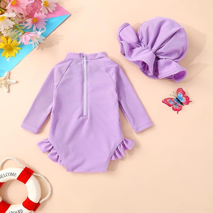 YOUNGER TREE Infant Baby Girls Swimsuit Long Sleeve Swimsuits One Piece Swimsuit Solid Color Bathing Suit with Hat, UPF 50+