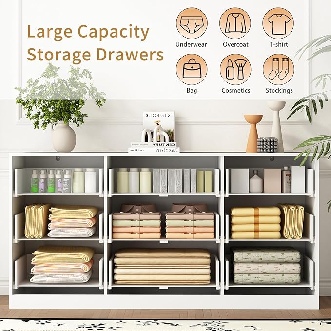 9 Drawer Dresser for Bedroom with Deep Drawers, 63" Wide Wood Dresser, Large Floor Chest of Drawers, Modern Long TV Stand, Storage Cabinet Side Table, White