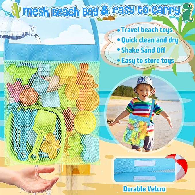 Beach Toys, Collapsible Sand Toys for Toddlers, Sand Bucket and Shovels Set with Mesh Bag Cute Sand Molds, Travel Sand Toys for Beach, Sandbox Toys for Toddlers Kids Baby Boys Girls Age 3-10