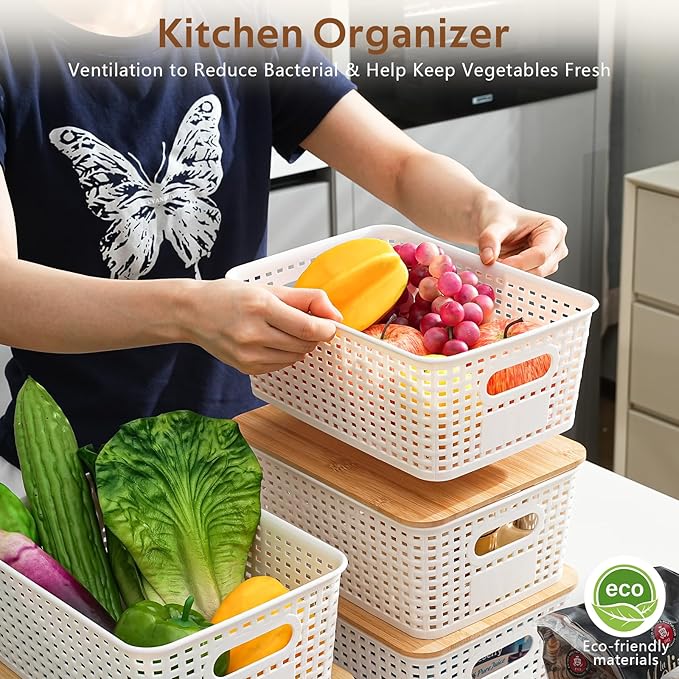 8 Pack Plastic Storage Bins with Bamboo Lids - Stackable Storage Baskets with Handle for Pantry Organizer and Storage, Plastic Containers Bins for Kitchen Bathroom Classroom Office Shelves