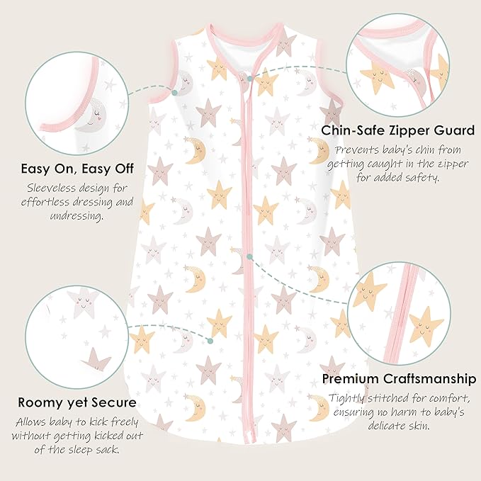 Cute Castle Baby Sleep Sack 18-24 Months - Lightweight 100% Cotton 2-Way Zipper TOG 0.5 Infant Wearable Blanket, Newborn Essentials Toddler Sleep Clothes, 3 Pack(Pink, Moon, Stars)