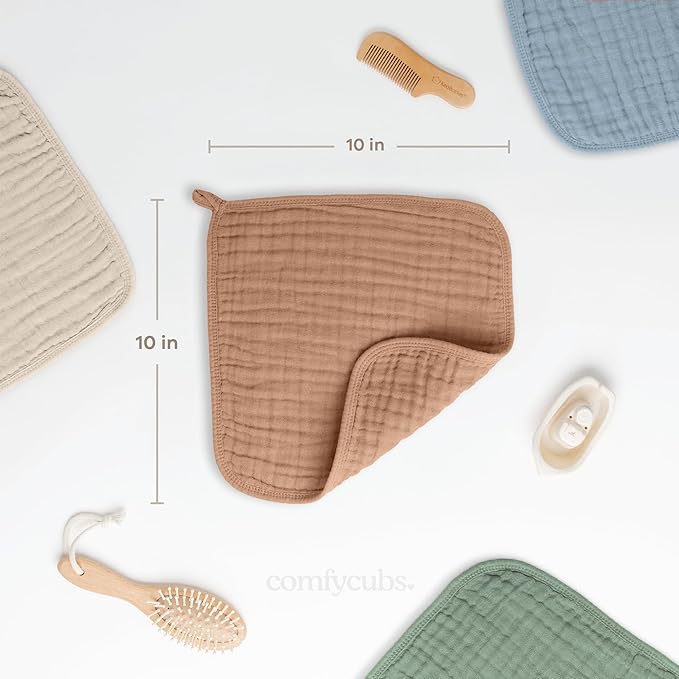 Comfy Cubs Muslin Baby Washcloths 6 Pack - Soft 6-Layer Cotton Wash Cloths for Sensitive Skin - 10"x10" Large, Gentle, Absorbent Infant Essentials for Newborn and Toddlers - Caramel