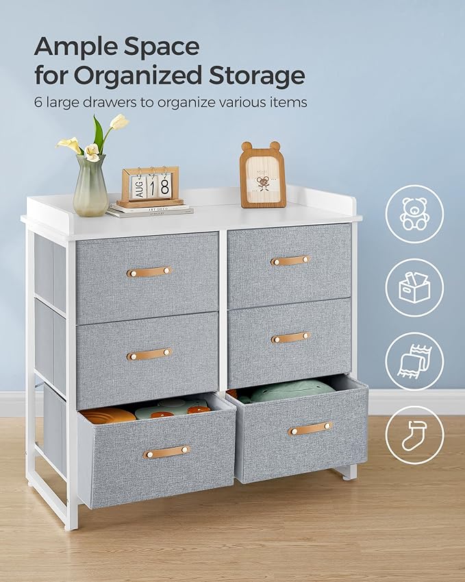 SONGMICS Kids Dresser with 6 Drawers, Boys Girls Dresser, with Water-Resistant Tabletop, Storage Organizer Cabinet, for Bedroom Hallway, Gray UGKR101G01
