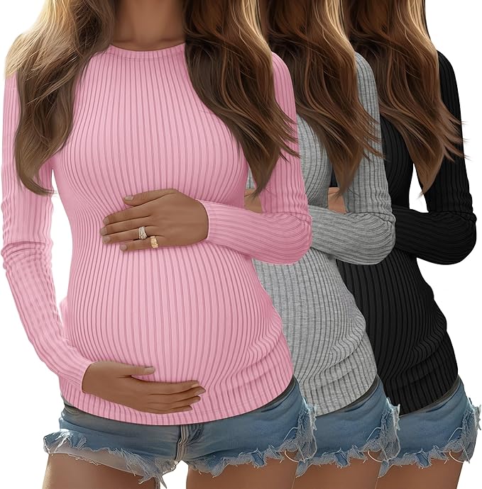 Riyiper 3 Pack Women's Maternity Shirts Long Sleeve Ribbed Knit Pregnancy Tees Cotton Crewneck Tunic Clothes Casual Fall Tops