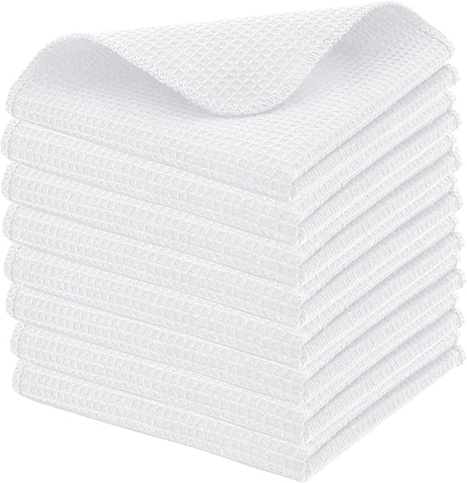 PurpleEssences Dish Cloths and Dish Rags - 8 Pack Waffle Weave Solid Kitchen Dish Wash Cloths, 100% Cotton, 12 x 12 Inches, Ultra Soft Absorbent Quick Drying - Fall Thanksgiving - White