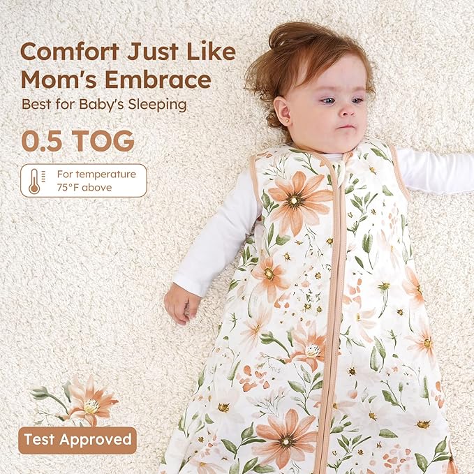 Baby Sleep Sack 6-12 Months 100% Cotton Lightweight 0.5 TOG Wearable Blanket Baby Sleep Bag with 2-Way Zipper for Newborn Infant Orange Flowers