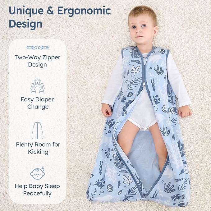 Baby Sleep Sack 12-18 Months 100% Cotton Lightweight 0.5 TOG Wearable Blanket Baby Sleep Bag with 2-Way Zipper for Infant Toddler Blue Dolphin