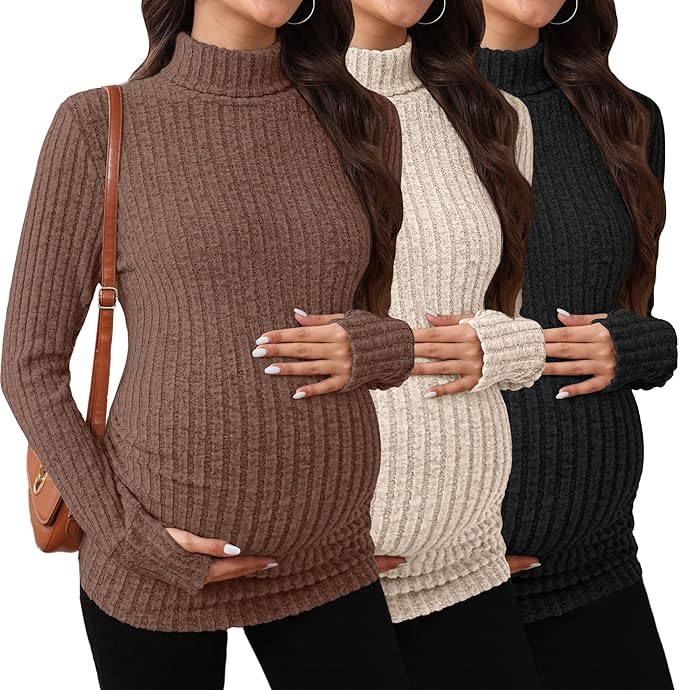 3 Pack Maternity T-Shirts Pregnancy Tops Women Sweater Long Sleeve Turtleneck Ribbed Finger Sleeve Outfits