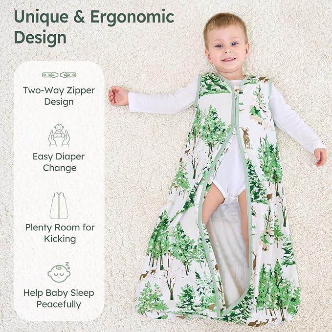 Baby Sleep Sack 0-6 Months 100% Cotton Lightweight 0.5 TOG Wearable Blanket Baby Sleep Bag with 2-Way Zipper for Newborn Infant Green Pine Tree
