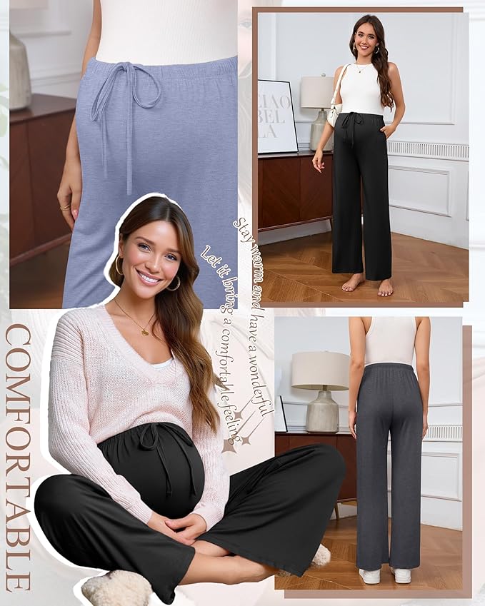 3 Pack Maternity Pants for Women Over The Belly Lounge Work Pregnancy Pants Drawing Wide Leg Trousers with Pockets