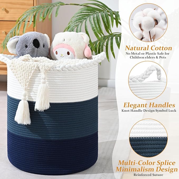 52L Storage Basket for Organizing, 15"×18" Large Tall Laundry Baskets, Cotton Rope Woven Blanket Basket, Toy Storage for Kids, Collapsible Laundry Hamper for Living Room, Nursery Room