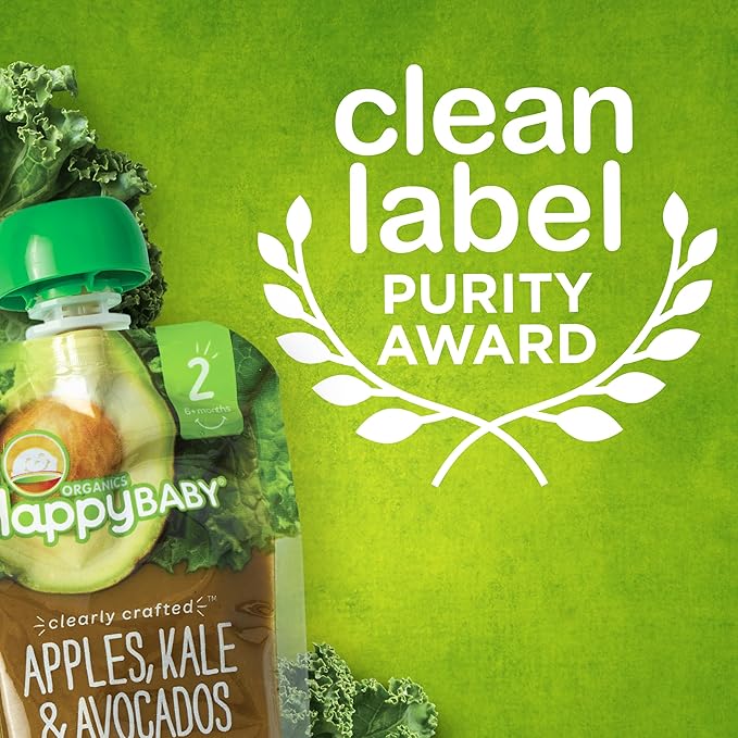 Happy Baby Organics Stage 2 Baby Food Pouches, Gluten Free, Vegan & Healthy Snack, Clearly Crafted Fruit & Veggie Puree, Apples, Guavas & Beets, 4 Ounces (Pack of 16)
