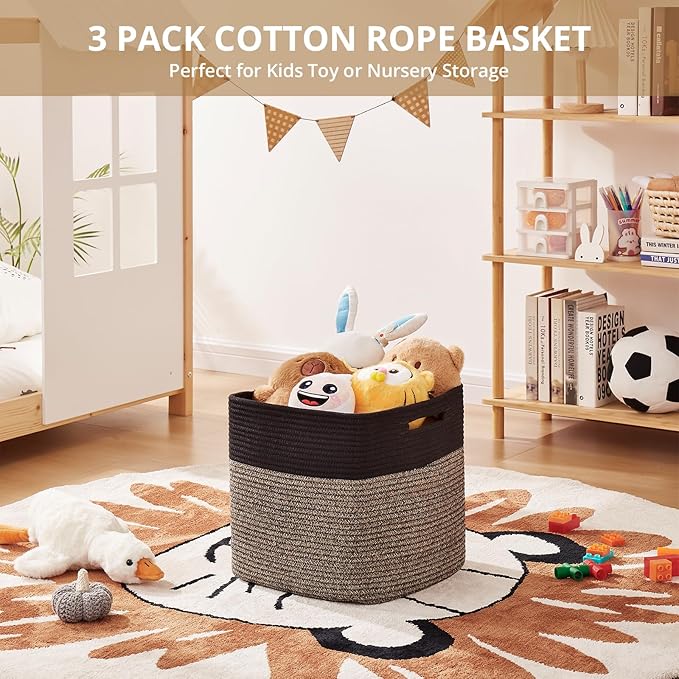 OIAHOMY 13 Kallax Inch Cube Storage Bins, 3-Pack Cotton Rope Woven Baskets for Organizing, Kallax Insert Storage Baskets for Shelves, Baby Nursery, Closet Organizer, 13*13*12.6IN, Black & Mixed Brown
