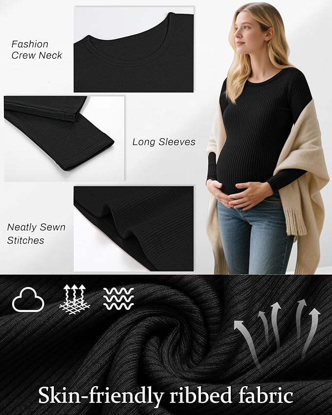 Riyiper 3 Pack Women's Maternity Shirts Long Sleeve Ribbed Knit Pregnancy Tees Cotton Crewneck Tunic Clothes Casual Fall Tops