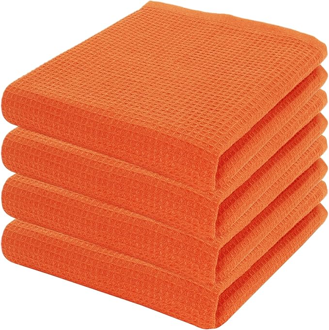 PurpleEssences Waffle Weave Kitchen Towel, 100% Cotton - 15 x 25 Inches, with Hanging Loop Ultra Soft Absorbent Quick Drying Dish Cloth, Tea and Hand Towels, 4 Pack Fall Thanksgiving - Orange