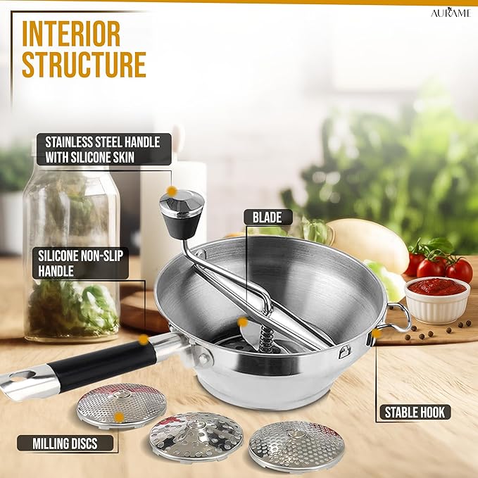 Premium Stainless Steel Food Mill - Effortless Pureeing, Straining & Milling for Soups, Sauces, Baby Food, and More – Includes 3 Interchangeable Discs – Durable & Easy-to-Clean Design