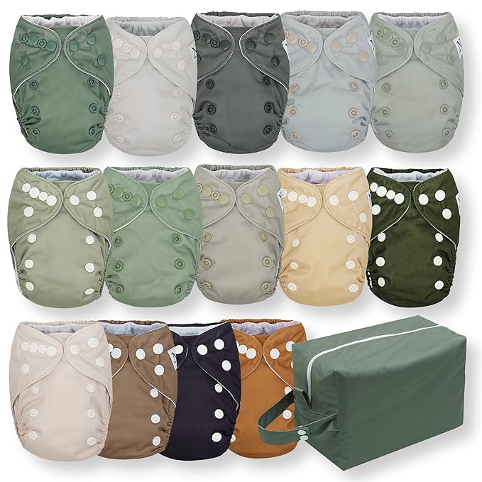Nora's Nursery Newborn All-in-One Cloth Diaper 14-Pack with Diaper Pod for Clean Storage - Waterproof, Washable, Reusable, and Adjustable for Babies Under 12lbs - Evergreen