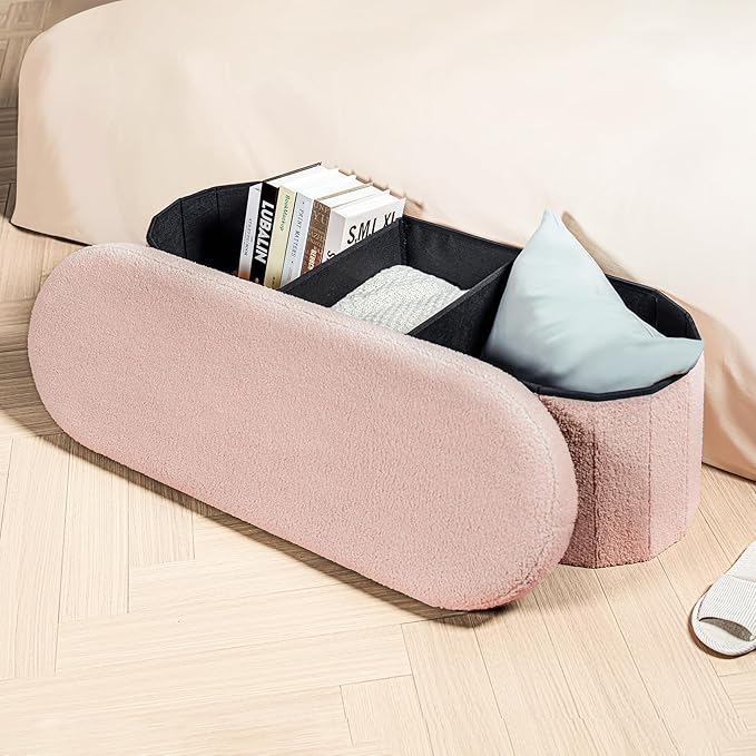 B FSOBEIIALEO Ottoman with Storage for Living Room, Sherpa Folding Storage Ottoman Foot Rest, 43.3 Inches Collapsible Bedroom Bench Pink