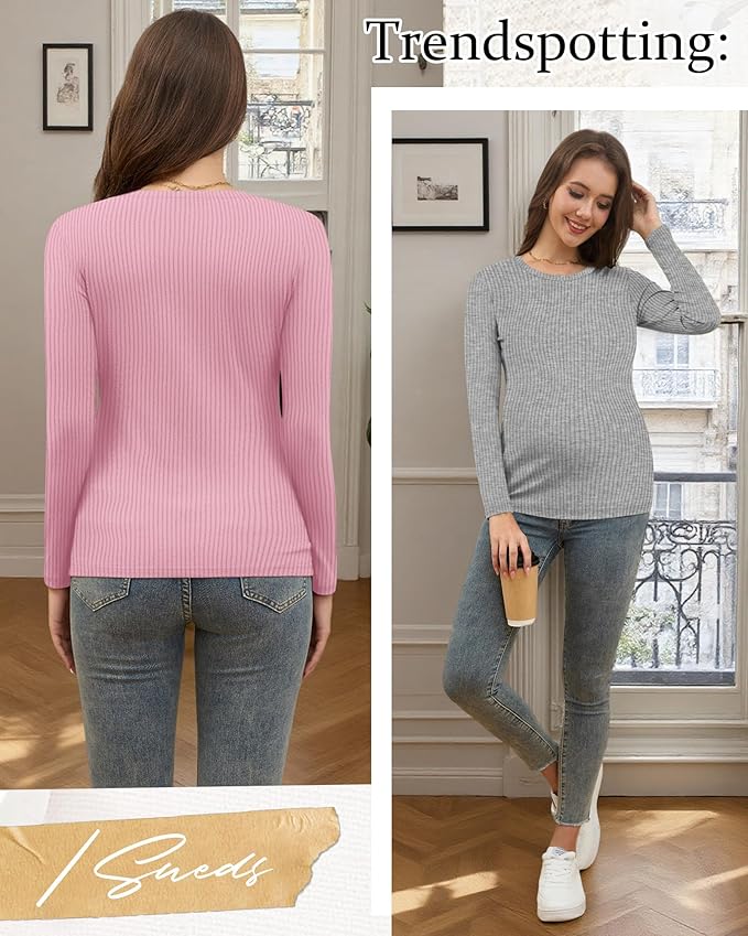 Riyiper 3 Pack Women's Maternity Shirts Long Sleeve Ribbed Knit Pregnancy Tees Cotton Crewneck Tunic Clothes Casual Fall Tops