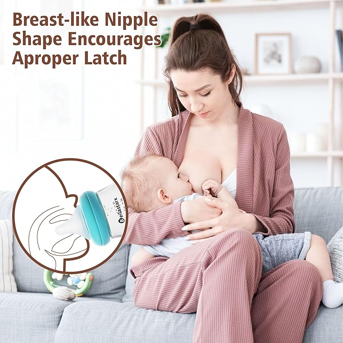 Glass Baby Bottles with Natural Response Nipple Size S - Anti Colic Baby Bottles Wide Neck Slow Flow Baby Bottle (Blue, 6oz (Pack of 4))