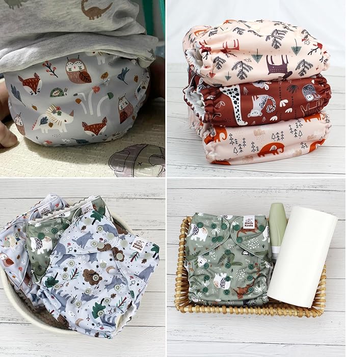 Mama Koala 3.0 Cloth Diapers for Babies with AWJ Lining, 6 Pack with 6 Natural Cloth Diaper Inserts - Reusable and Washable Pocket Diapers (Animals in The Forest)