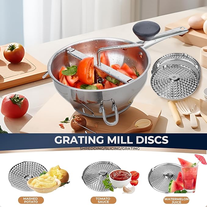Stainless Steel Food Mills With 3 Milling Discs,Ergonomic design Of Rotary Food Mills For Tomato Sauce,Potatoes,Jams,Stainless Steel Handle and Dishwasher Safe,Includes Multifunctional Spoon