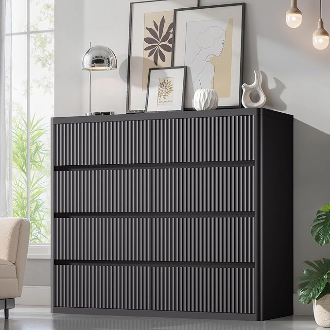 Black Dresser for Bedroom, 8 Drawers Double Fluted Dressers, Modern Chest of Drawers with Curved Profile, Handleless, Storage Closet Dressers for Bedroom, Living Room, Entryways, Natural