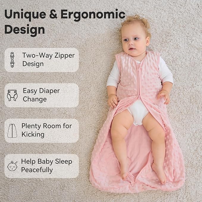 Fleece Baby Sleep Sack 12-18 Months with Plush Dots 1.5 Tog Baby Wearable Blanket with 2-Way Zipper Warm Sleeping Sack for Toddler Infant - Large, Apricot & Pink