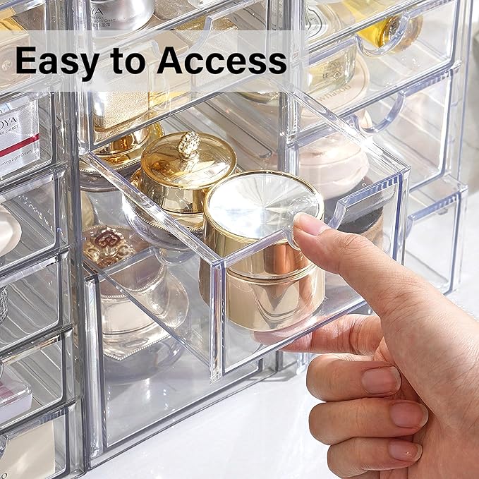 Prsildan Acrylic Drawer Makeup Organizer with 6 Drawers (Not for Baby Bottle), Set of 2 Office Desk Organizers Accessories, Clear Stackable Storage Drawers for Vanity, Craft (Largest Drawer 4" Tall)