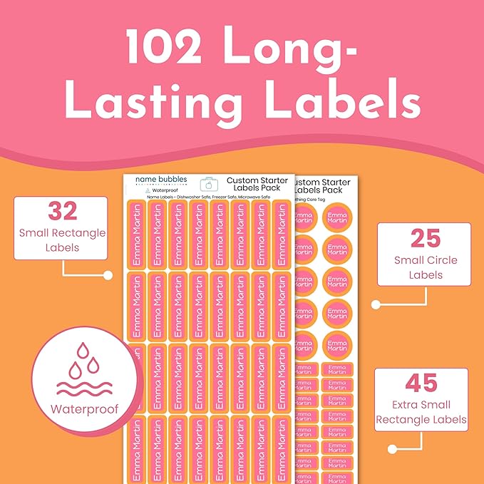 Name Bubbles - Basic Daycare Name Stickers for Kids (102 Count) - Personalized Waterproof Name Labels for School Supplies, Clothing Tags, Baby Bottles, All Ages - Washable Stick-On Labels (Confetti)