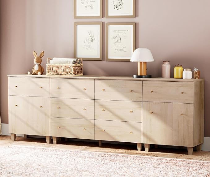 WAMPAT 8 Drawers Dresser Chests for Bedroom, 3-in-1 Modern Light Oak Wood Closet Storage Organizer Furniture with Door and Adjustable Shelves for Kids Room, Nursery, 94.4" Wide