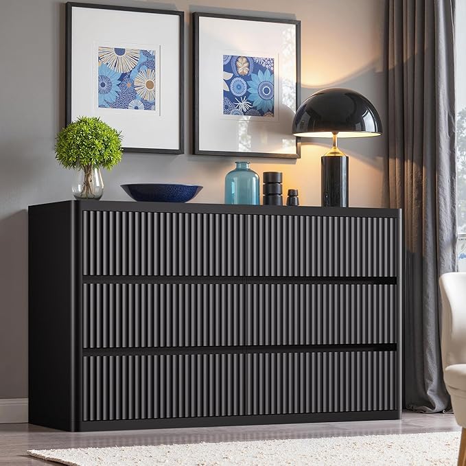 Black Dresser for Bedroom with 6 Double Drawers, 48" Wide Wooden Chest of Drawers with Curved Profile, Modern Fluted Dresser TV Stand, Wood Closet Clothes Storage Organizer for Living Room